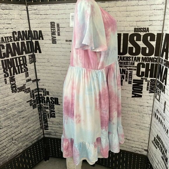Torrid 0 Mauve Tie-Dye Lined Tie Tassel Neck Ruffle Hem Short Sleeve Dress - Picture 3 of 6